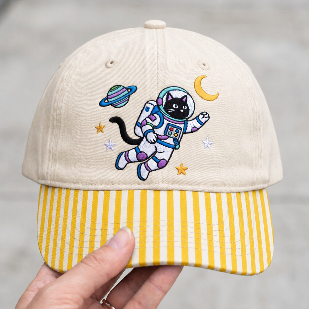 Space Cat Astronaut Saturn Moon Stars Embroidered Gingham & Stripe Brim Hat