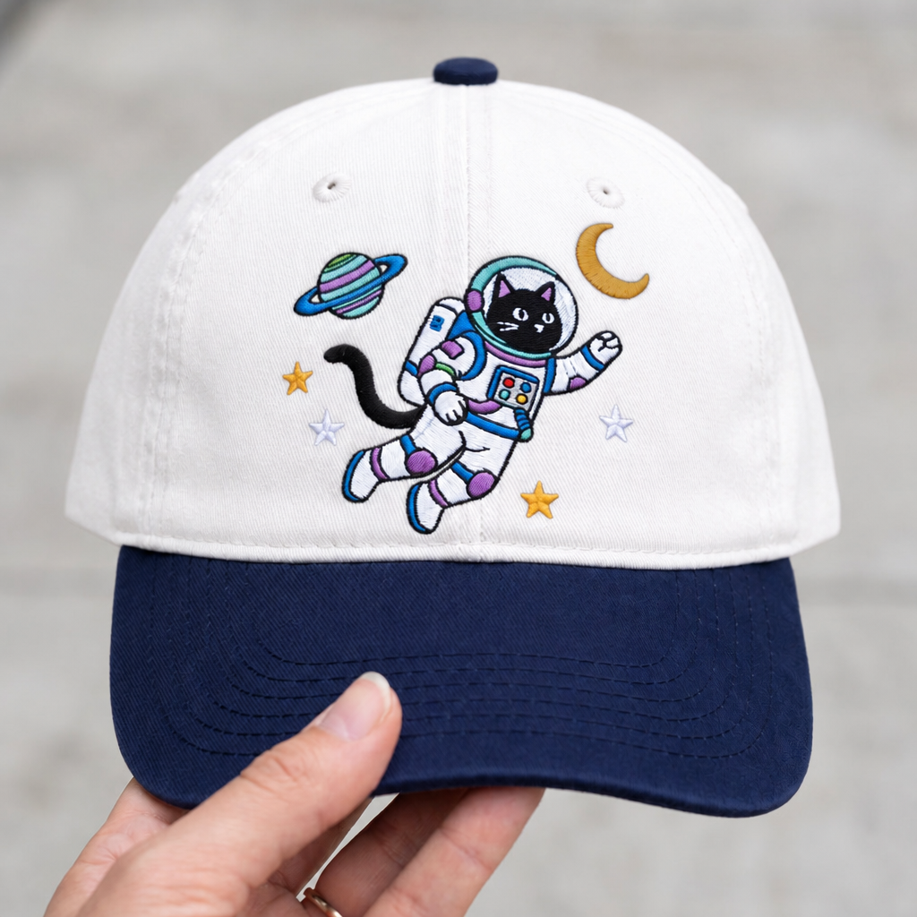 Space Cat Astronaut Saturn Moon Stars Embroidered Two-Tone Hat