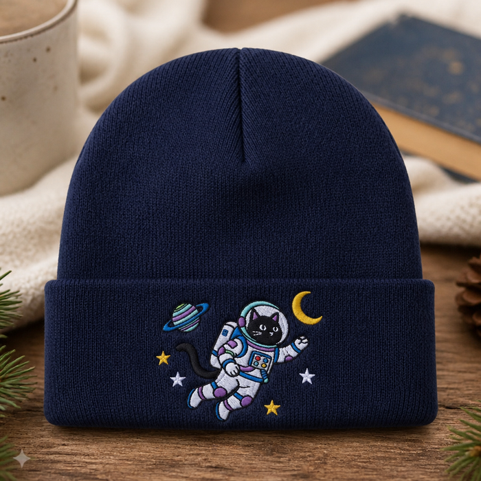 Space Cat Astronaut Saturn Moon Stars Embroidered Beanie