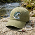 Largemouth Bass Jumping Fishing Hook Splash Embroidered Hat — Washed Hat