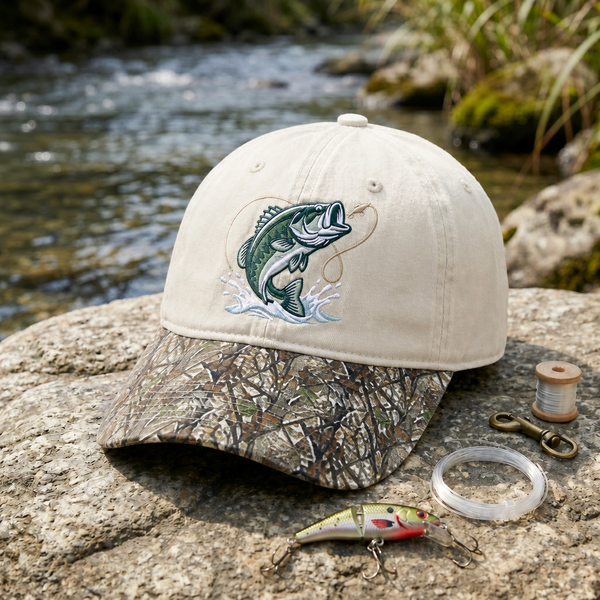 Largemouth Bass Jumping Fishing Hook Splash Embroidered Floral & Leopard Brim Hat