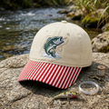 Largemouth Bass Jumping Fishing Hook Splash Embroidered Gingham & Stripe Brim Hat