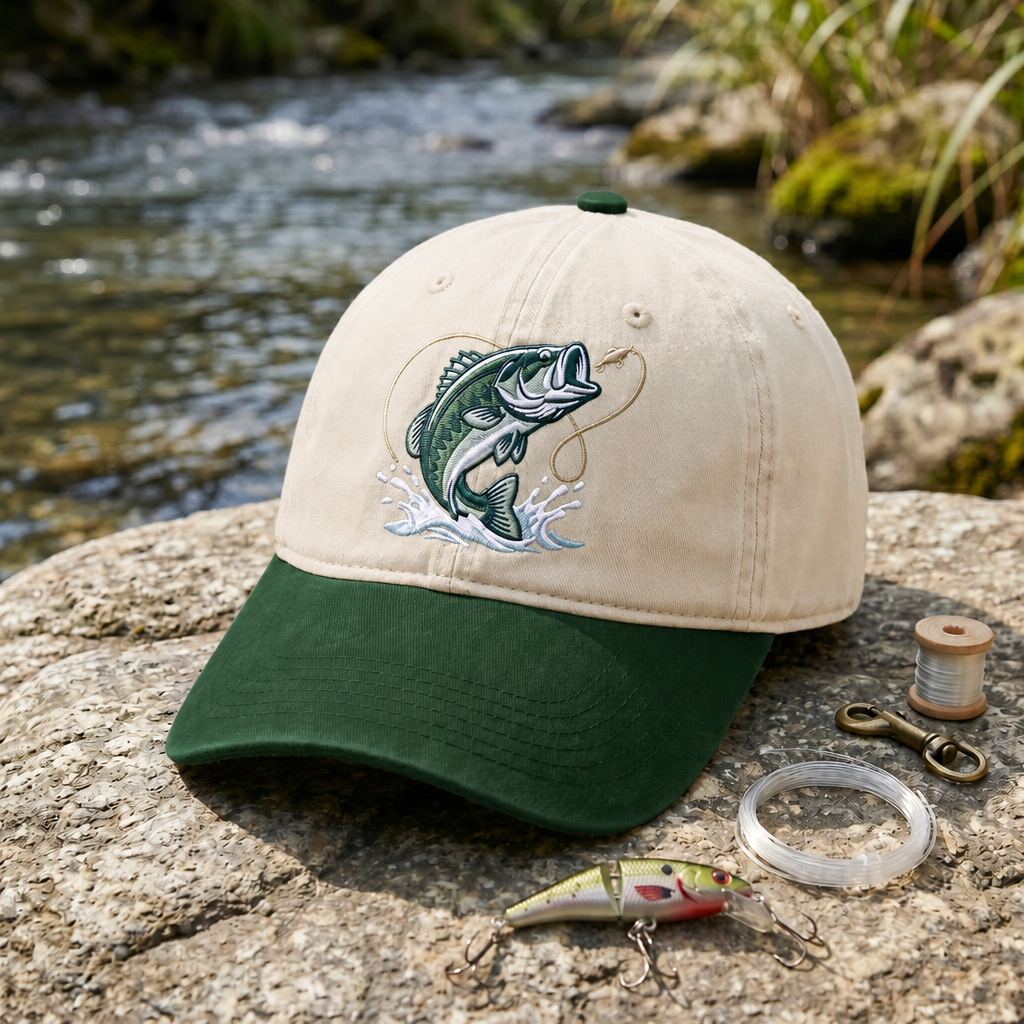 Largemouth Bass Jumping Fishing Hook Splash Embroidered Two-Tone Hat