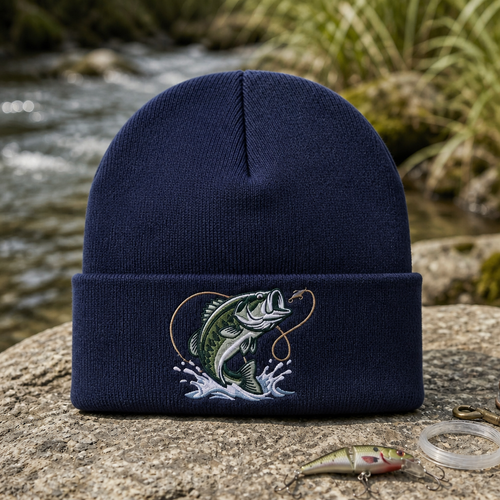 Largemouth Bass Jumping Fishing Hook Splash Embroidered Beanie
