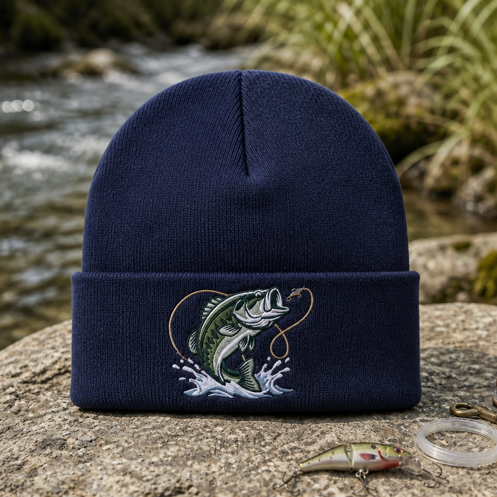 Largemouth Bass Jumping Fishing Hook Splash Embroidered Beanie