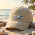 Beach Sunset Palm Tree Surfboard Summer Embroidered Hat — Washed Hat