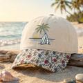 Beach Sunset Palm Tree Surfboard Summer Embroidered Floral & Leopard Brim Hat
