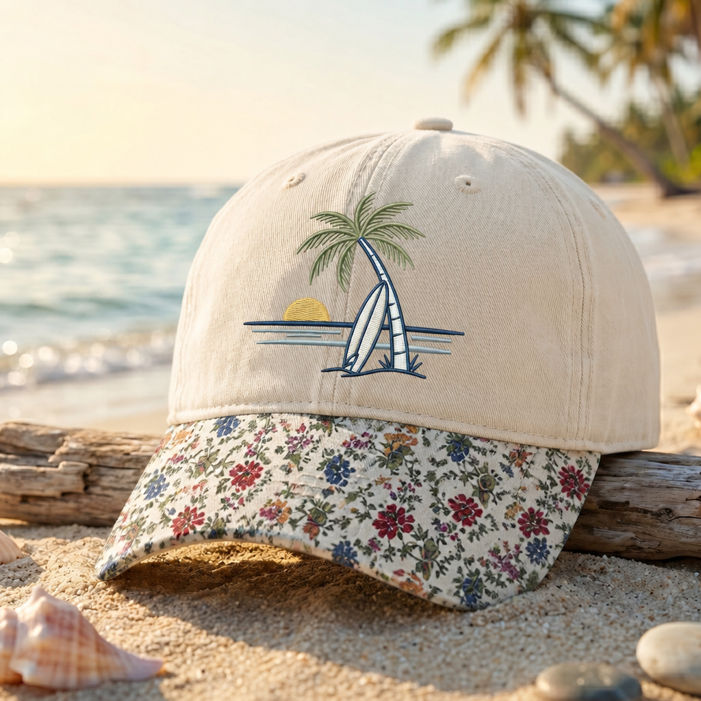 Beach Sunset Palm Tree Surfboard Summer Embroidered Floral & Leopard Brim Hat
