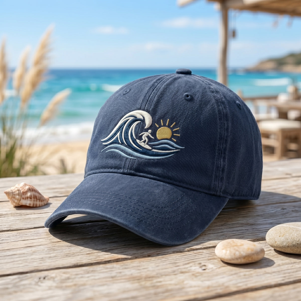 Surfer Ocean Wave Sunset Beach Summer Embroidered Hat — Washed Hat