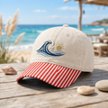 Surfer Ocean Wave Sunset Beach Summer Embroidered Gingham & Stripe Brim Hat