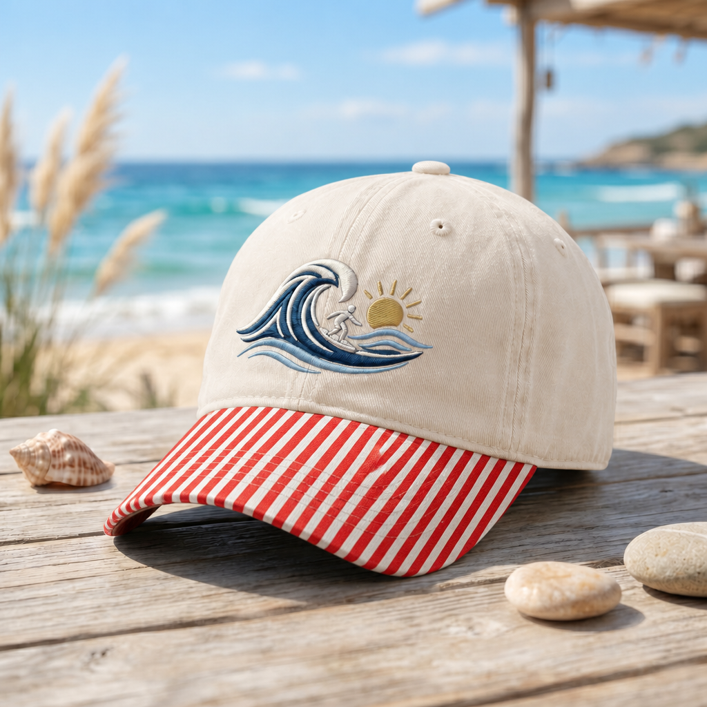 Surfer Ocean Wave Sunset Beach Summer Embroidered Gingham & Stripe Brim Hat