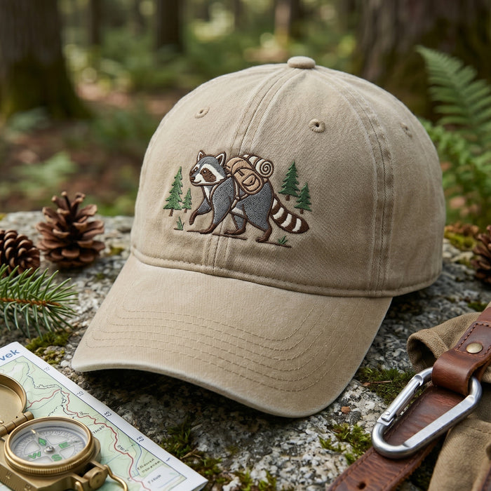 Raccoon Hiking Backpack Pine Trees Outdoor Adventure Embroidered Hat