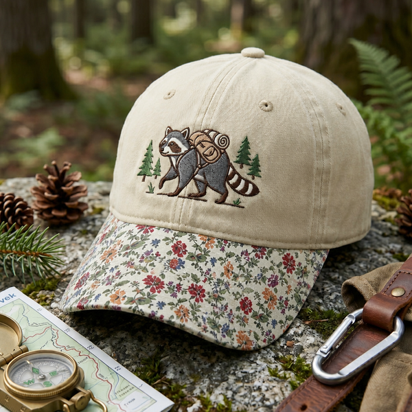Raccoon Hiking Backpack Pine Trees Outdoor Adventure Embroidered Floral & Leopard Brim Hat
