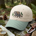 Raccoon Hiking Backpack Pine Trees Outdoor Adventure Embroidered Gingham & Stripe Brim Hat