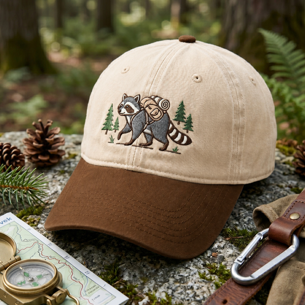 Raccoon Hiking Backpack Pine Trees Outdoor Adventure Embroidered Two-Tone Hat