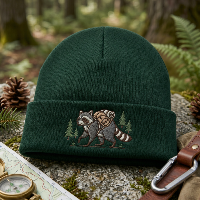 Raccoon Hiking Backpack Pine Trees Outdoor Adventure Embroidered Beanie
