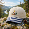 Mountain Sunrise Winding Road Pine Trees Scenic Landscape Embroidered Gingham & Stripe Brim Hat