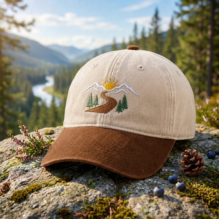 Mountain Sunrise Winding Road Pine Trees Scenic Landscape Embroidered Two-Tone Hat
