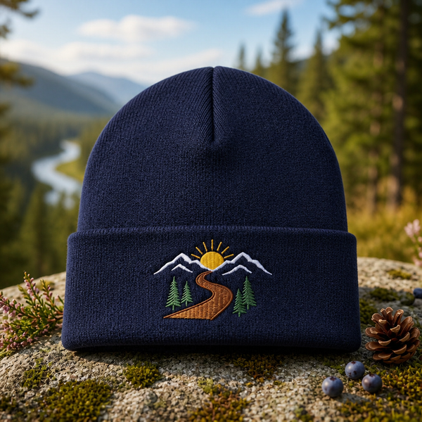 Mountain Sunrise Winding Road Pine Trees Scenic Landscape Embroidered Beanie