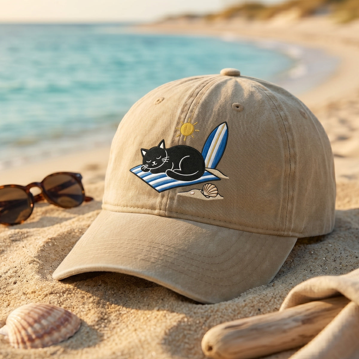 Black Cat Sunbathing Beach Towel Surfboard Summer Embroidered Hat — Washed Hat