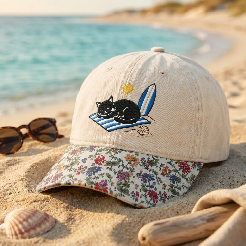 Black Cat Sunbathing Beach Towel Surfboard Summer Embroidered Floral & Leopard Brim Hat