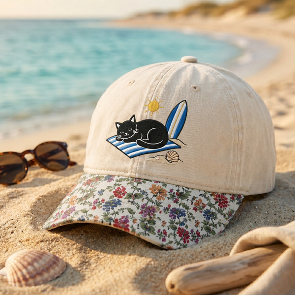 Black Cat Sunbathing Beach Towel Surfboard Summer Embroidered Floral & Leopard Brim Hat