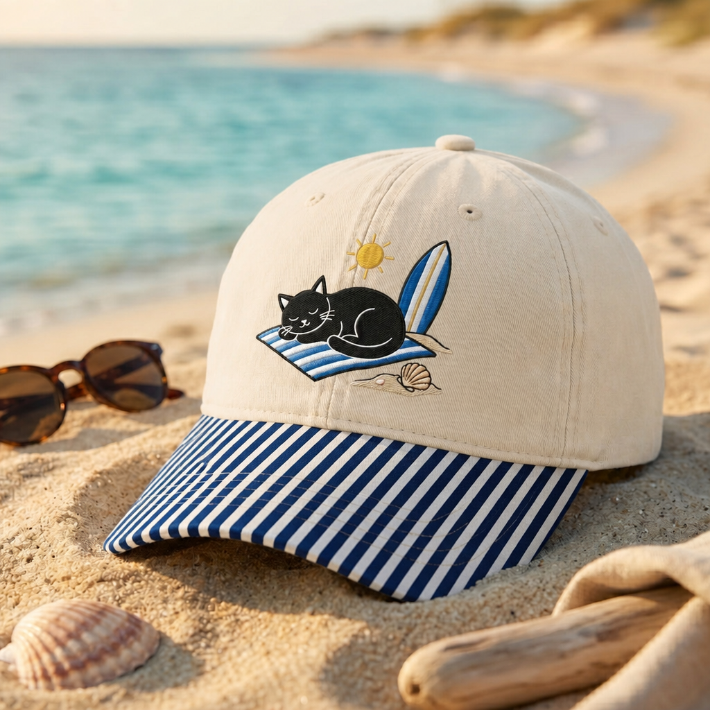 Black Cat Sunbathing Beach Towel Surfboard Summer Embroidered Gingham & Stripe Brim Hat