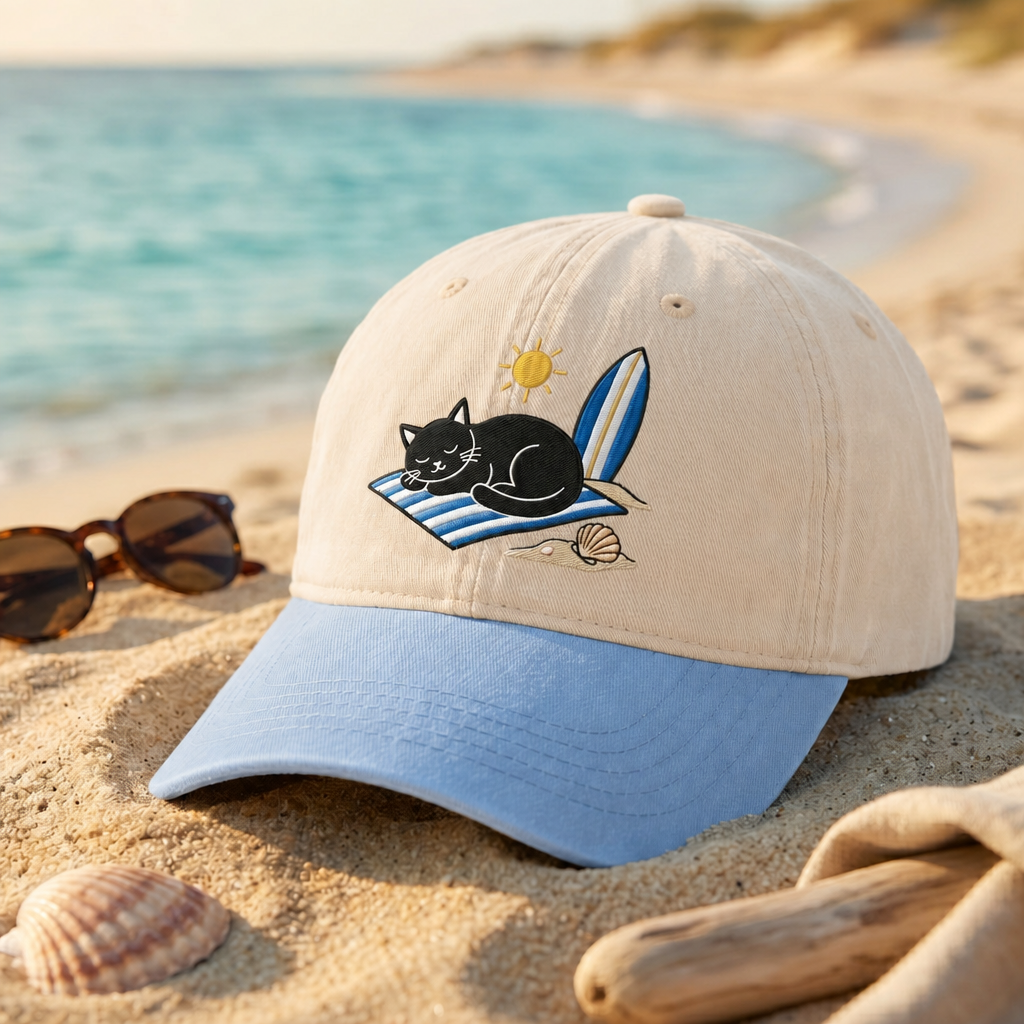 Black Cat Sunbathing Beach Towel Surfboard Summer Embroidered Two-Tone Hat
