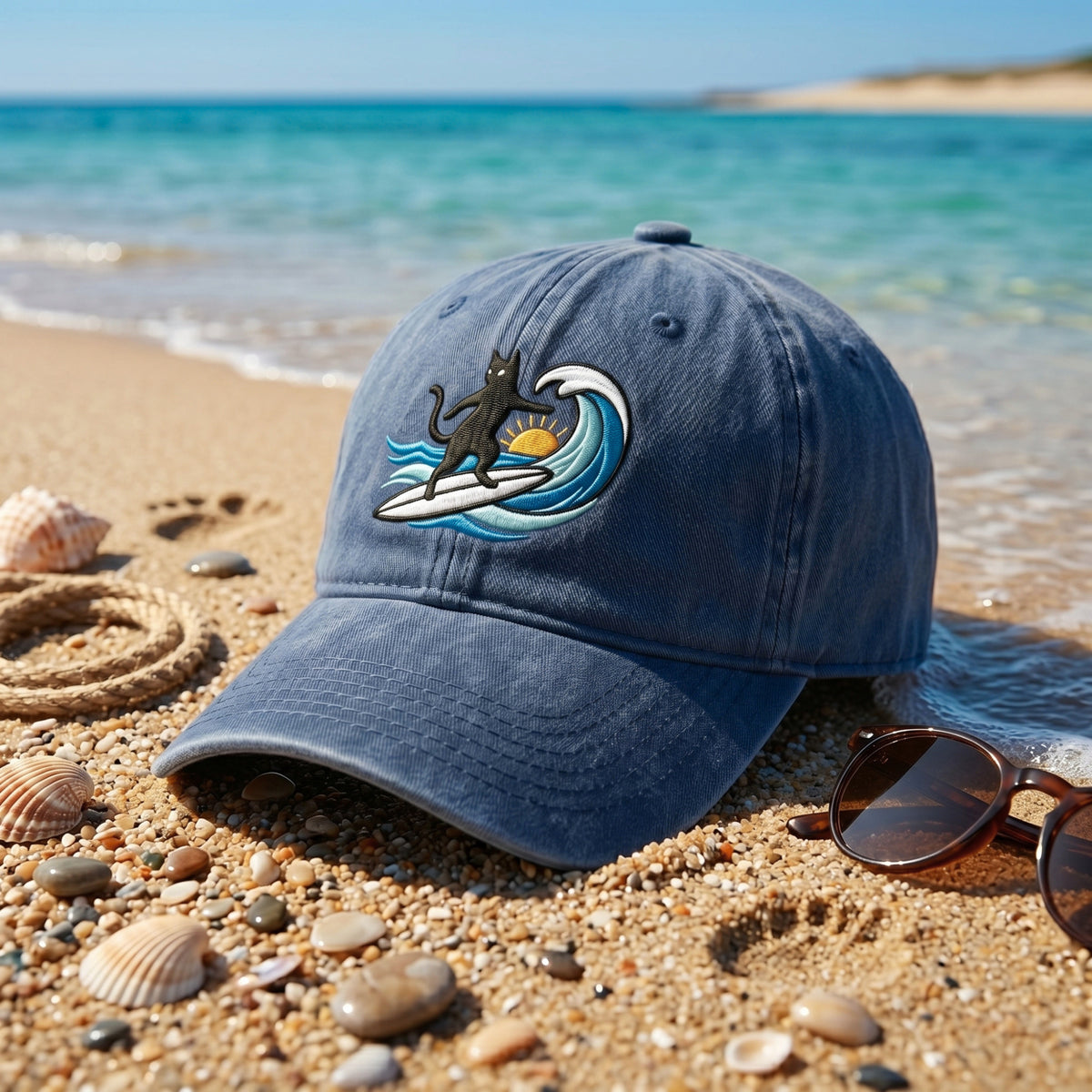 Black Cat Surfing Ocean Wave Sunset Summer Beach Embroidered Hat — Washed Hat