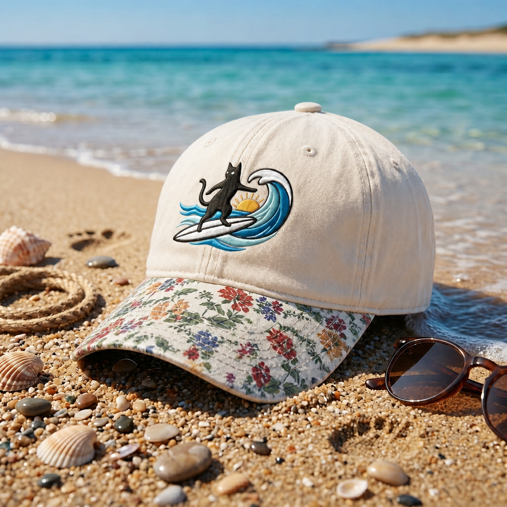 Black Cat Surfing Ocean Wave Sunset Summer Beach Embroidered Floral & Leopard Brim Hat