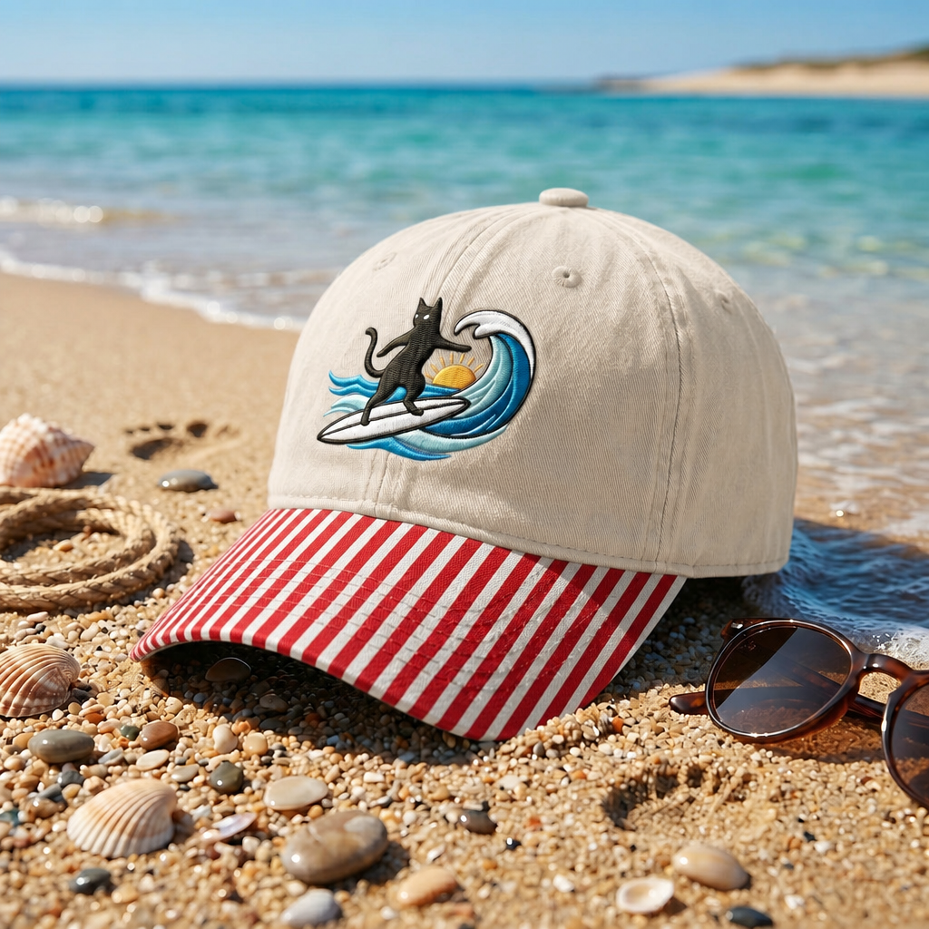 Black Cat Surfing Ocean Wave Sunset Summer Beach Embroidered Gingham & Stripe Brim Hat