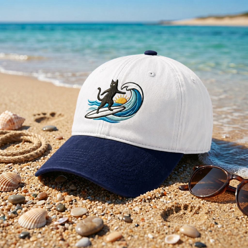 Black Cat Surfing Ocean Wave Sunset Summer Beach Embroidered Two-Tone Hat