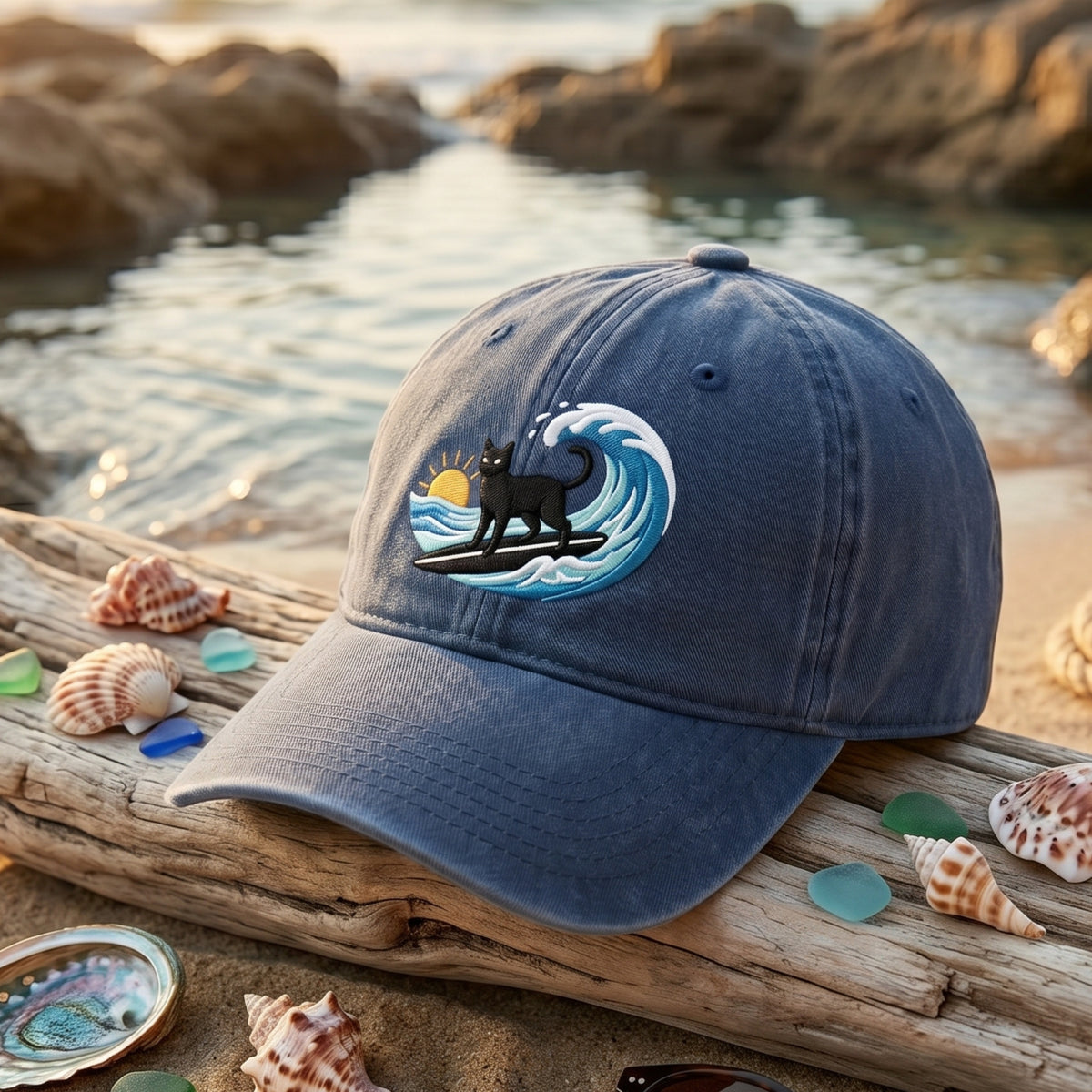 Black Cat Surfing Ocean Wave Sunset Embroidered Hat — Washed Hat