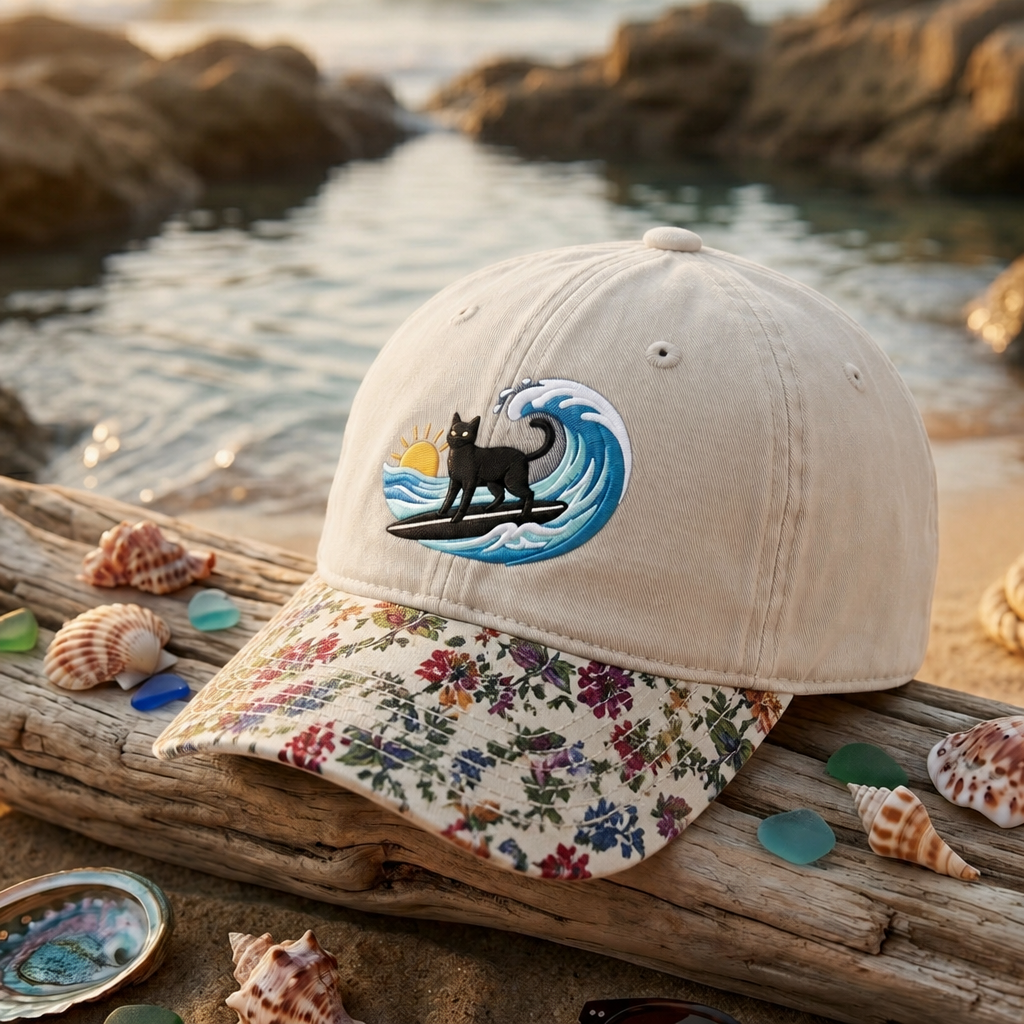 Black Cat Surfing Ocean Wave Sunset Embroidered Floral & Leopard Brim Hat