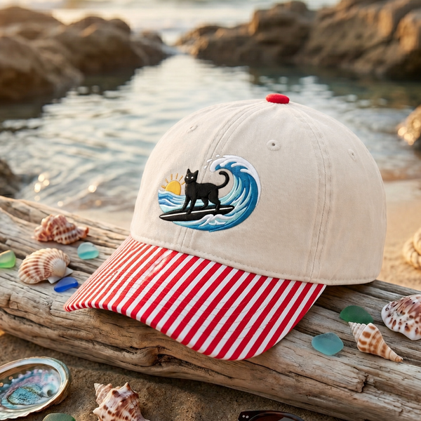 Black Cat Surfing Ocean Wave Sunset Embroidered Gingham & Stripe Brim Hat