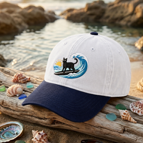 Black Cat Surfing Ocean Wave Sunset Embroidered Two-Tone Hat