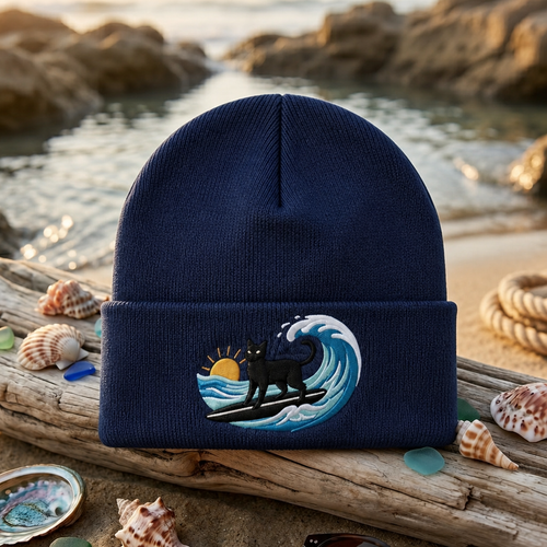 Black Cat Surfing Ocean Wave Sunset Embroidered Beanie