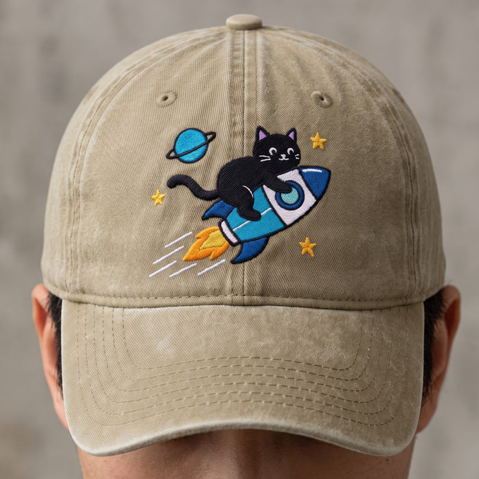 Space Cat Riding Rocket Planet Stars Embroidered Hat