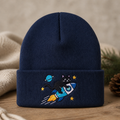 Space Cat Riding Rocket Planet Stars Embroidered Beanie