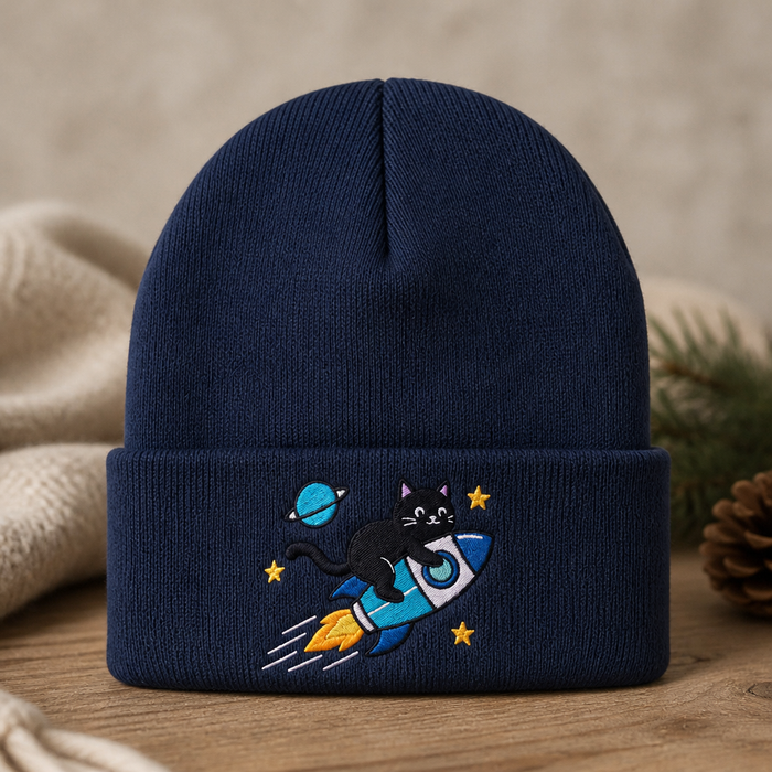Space Cat Riding Rocket Planet Stars Embroidered Beanie