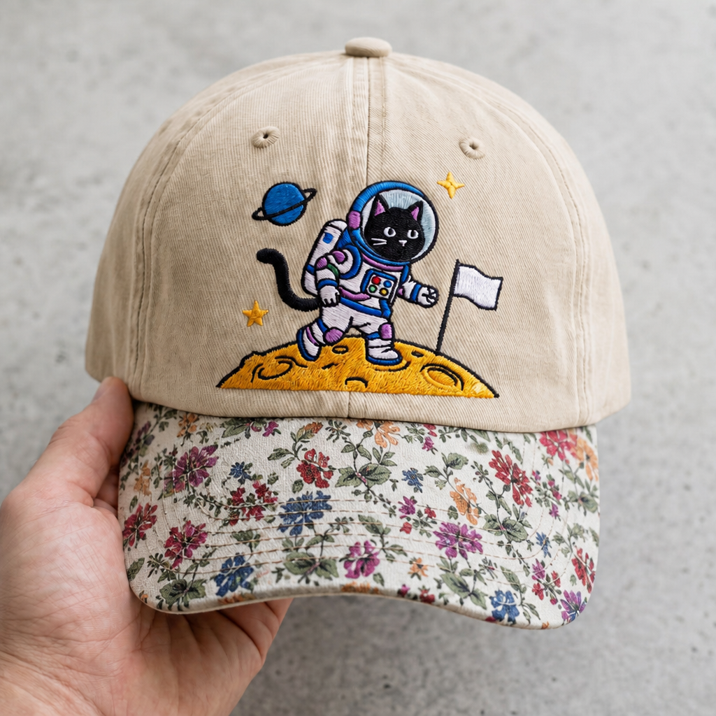 Space Cat Astronaut Moon Flag Planet Stars Embroidered Floral & Leopard Brim Hat