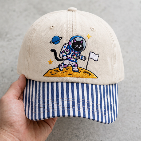 Space Cat Astronaut Moon Flag Planet Stars Embroidered Gingham & Stripe Brim Hat