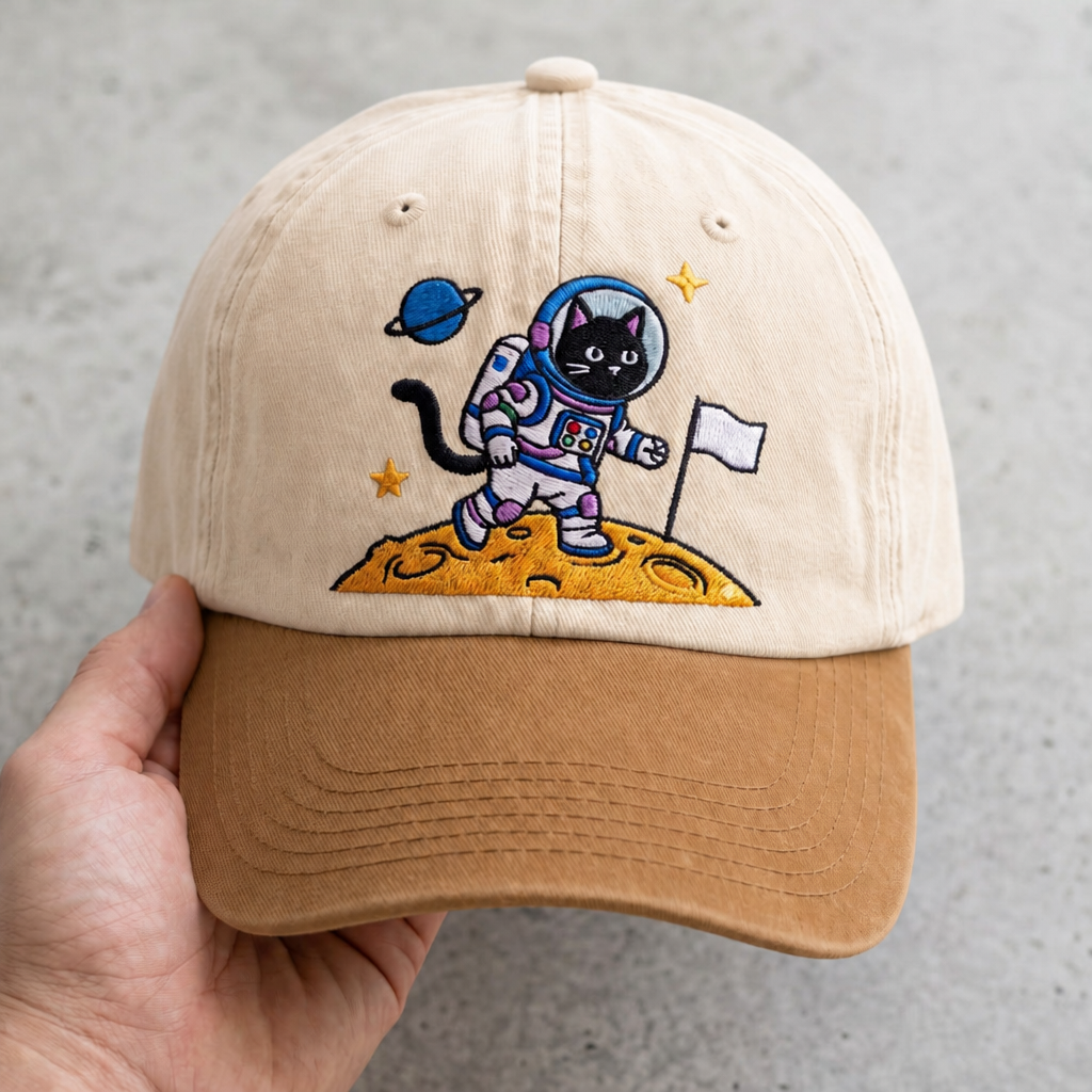 Space Cat Astronaut Moon Flag Planet Stars Embroidered Two-Tone Hat