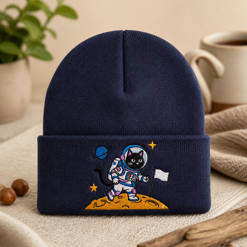 Space Cat Astronaut Moon Flag Planet Stars Embroidered Beanie