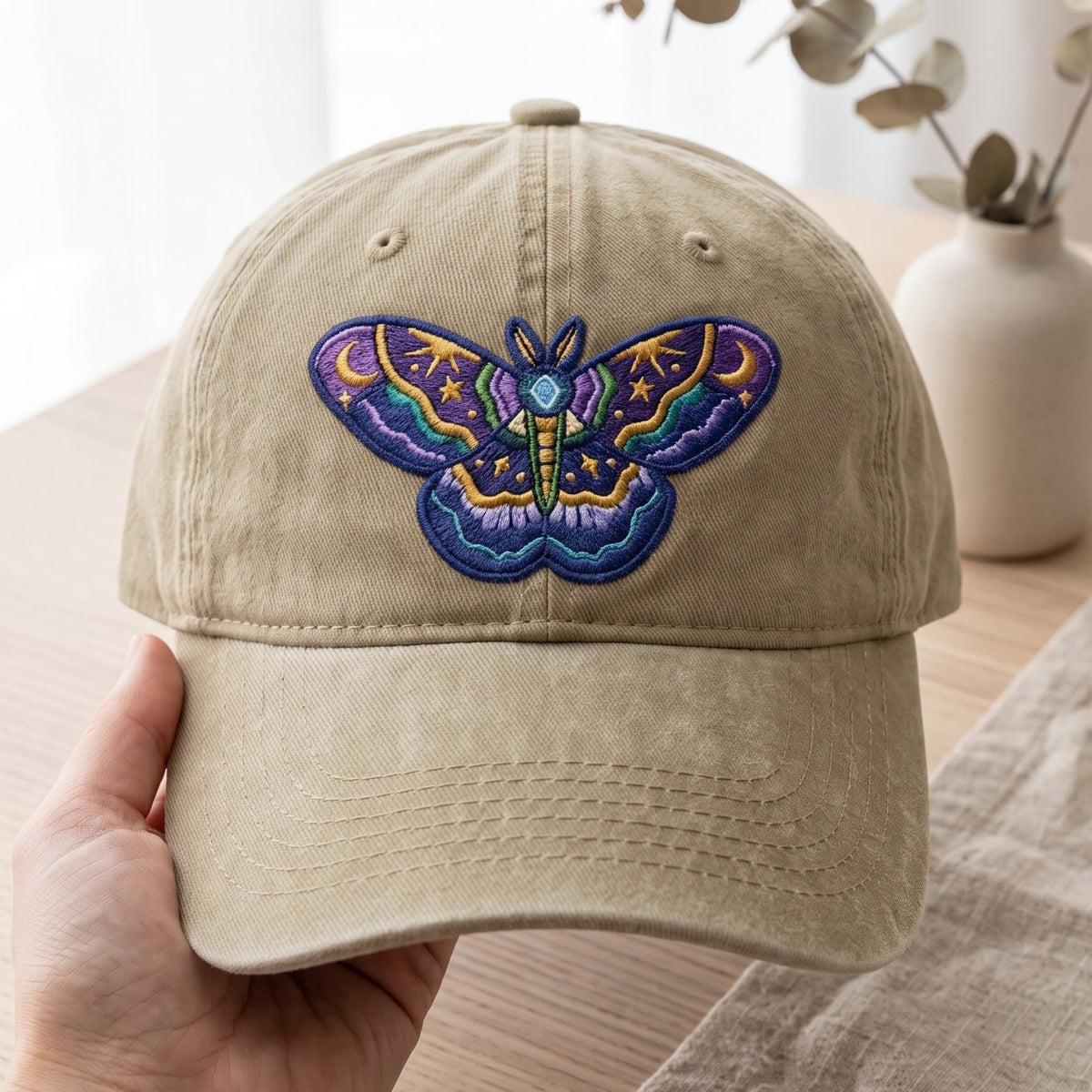 Celestial Moth Moon Stars Mystical Wings Embroidered Hat — Washed Hat