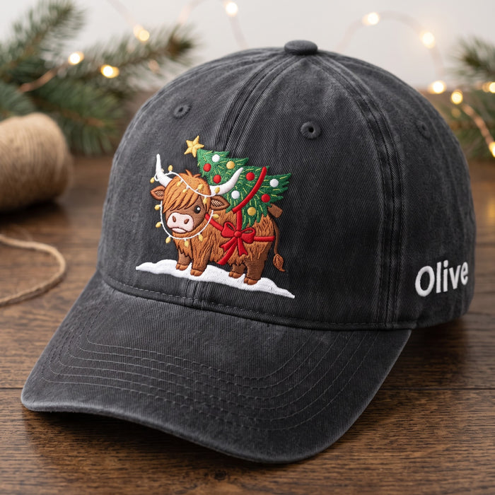 Personalized Christmas Highland Cow Christmas Tree Lights Snow Embroidered Hat