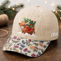 Personalized Christmas Highland Cow Christmas Tree Lights Snow Embroidered Floral & Leopard Brim Hat