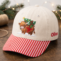 Personalized Christmas Highland Cow Christmas Tree Lights Snow Embroidered Gingham & Stripe Brim Hat