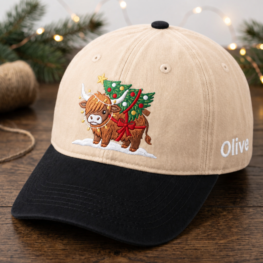 Personalized Christmas Highland Cow Christmas Tree Lights Snow Embroidered Two-Tone Hat