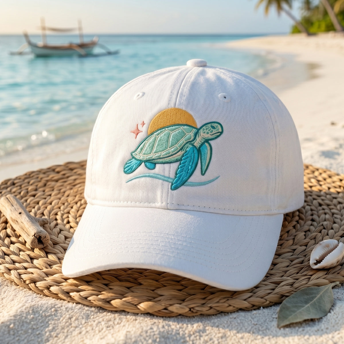 Sea Turtle Sunset Ocean Waves Sparkle Embroidered Hat — Baseball Cap